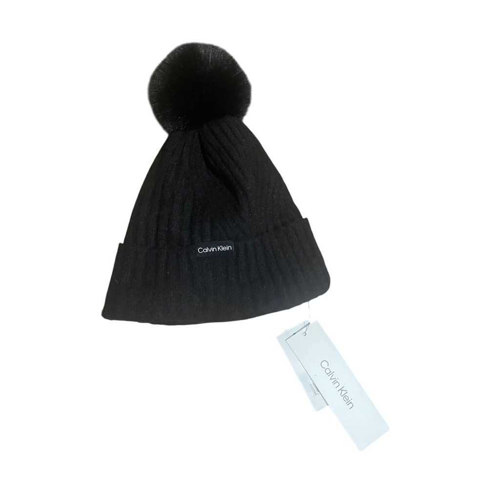 Calvin‎ Klein Black Ribbed Knit Pom Beanie Hat With Tag Women